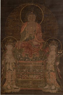 Buddha Vairocana accompanied by Bodhisattva Manjusri and Samanthabadra, hanging scroll, ink and color on silk, 123 x 82 cm, Goryeo dynasty (918-1392), 14th century © NRICP