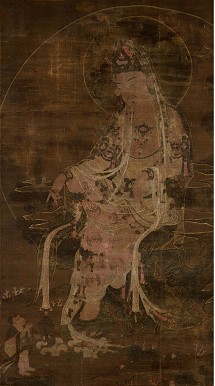 Water and moon Guanyin (Suwol Gwaneum Bosal), hanging scroll, ink, color and gold on silk, Goryeo dynasty (918-1392), 14th century © NRICP